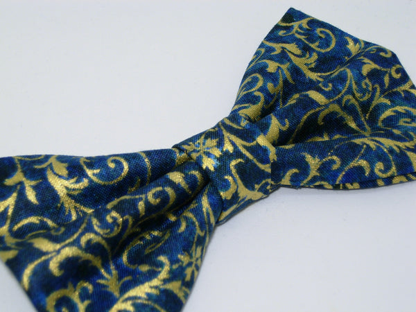 Gold & Teal Bow tie / Metallic Gold Feathery Curls / Pre-tied Bow tie