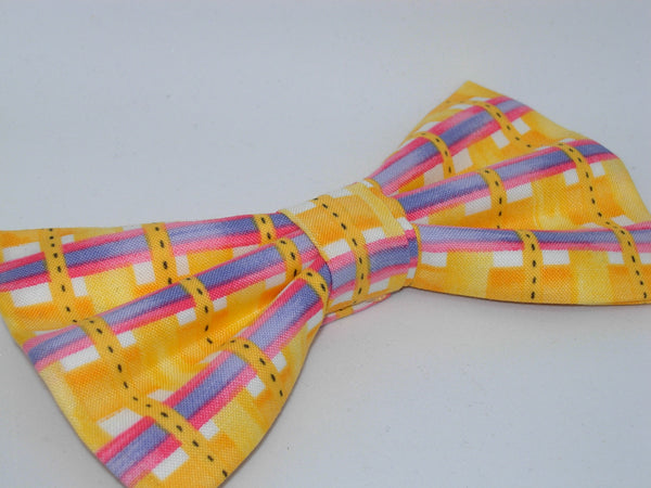 Sunshine Weave / Bright Yellow Plaid with Purple & Pink Bars / Pre-tied Bow tie