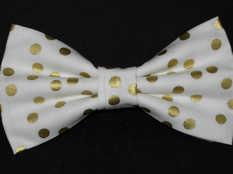 Gold & White Bow tie / Metallic Gold Polka Dots on White / Pre-tied Bow tie