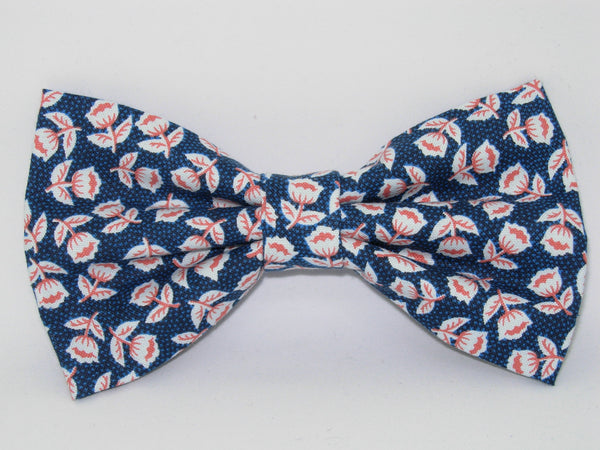Edelweiss Bow tie / Dainty Red & White Flowers on Dark Blue / Pre-tied Bow tie