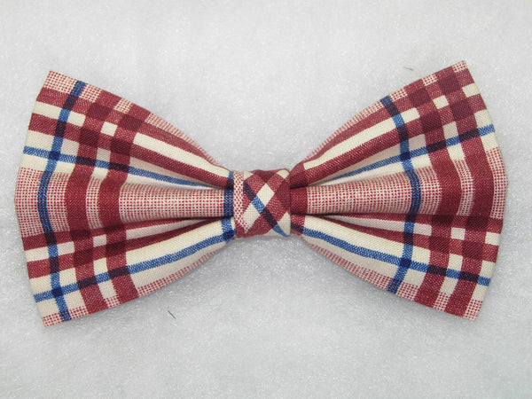 Trendy Red Plaid Bow tie / Burgundy Red, Blue & White Plaid / Pre-tied Bow tie - Bow Tie Expressions