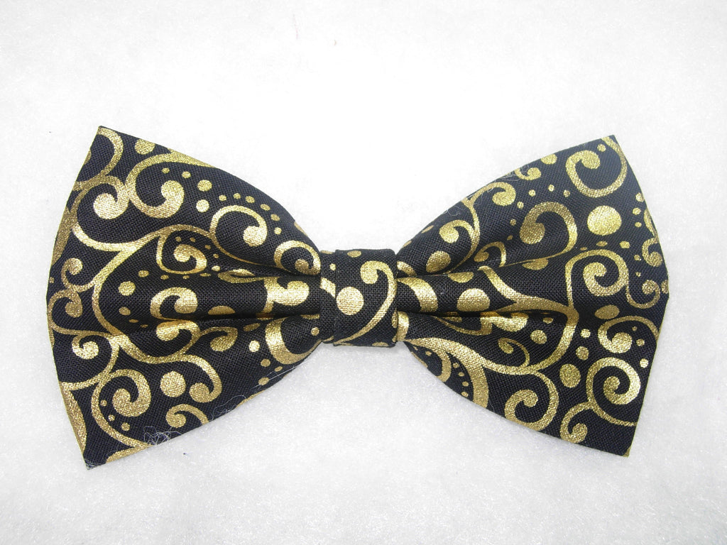 Gold & Black Bow tie / Trendy Metallic Dots & Curls / Pre-tied Bow tie