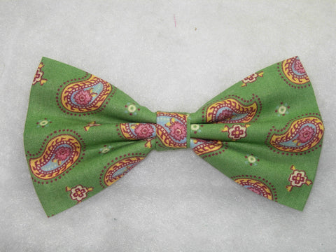 Country Green Bow Tie / Pink & Yellow Paisley on Green / Pre-tied Bow tie