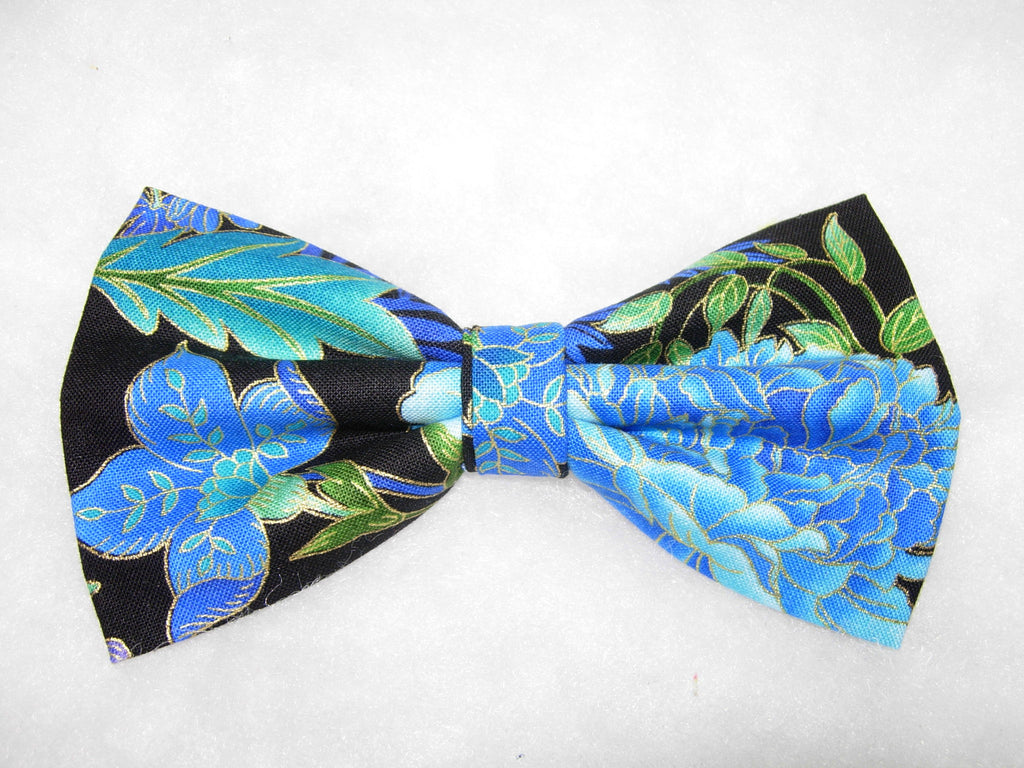 Beautiful Blue Floral Bow tie / Turquoise, Jade & Royal Blue Flowers / Metallic Gold / Pre-tied Bow tie - Bow Tie Expressions