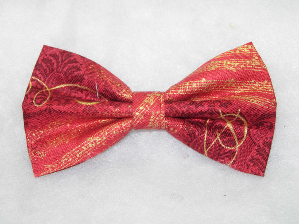 Music Bow tie / Metallic Gold Sheet Music on Holiday Red / Pre-tied Bow tie