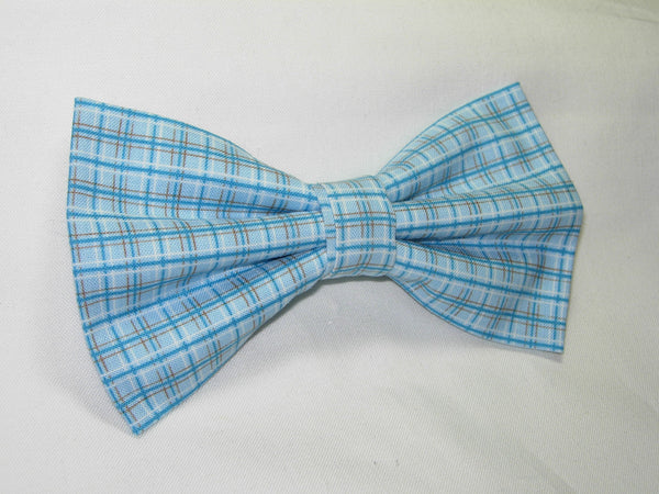 Country Blue Plaid Bow Tie / Teal Blue & Brown Pinstripes / Pre-tied Bow tie