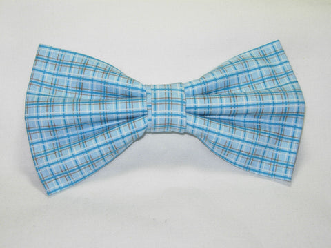 Country Blue Plaid Bow Tie / Teal Blue & Brown Pinstripes / Pre-tied Bow tie