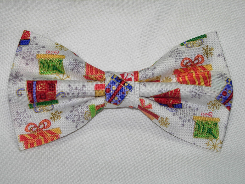 Christmas Bow tie / Colorful Gifts & Snowflakes / Metallic Gold / Pre-tied Bow tie
