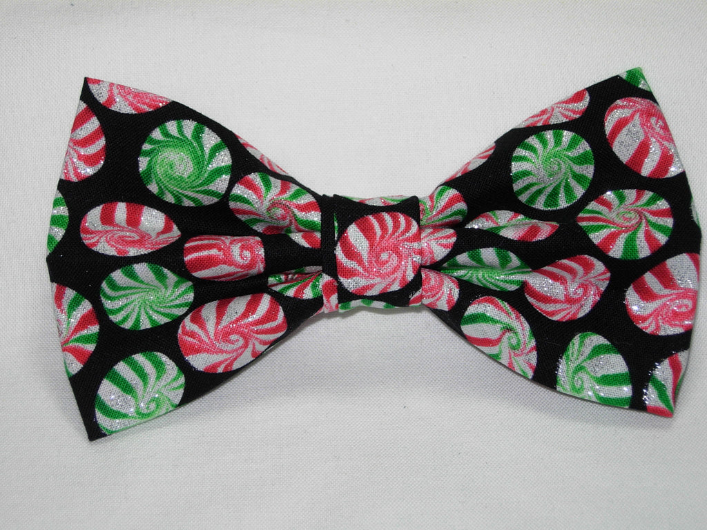 Christmas Candy Bow tie / Sparkling Peppermint Disks on Black / Pre-tied Bow tie