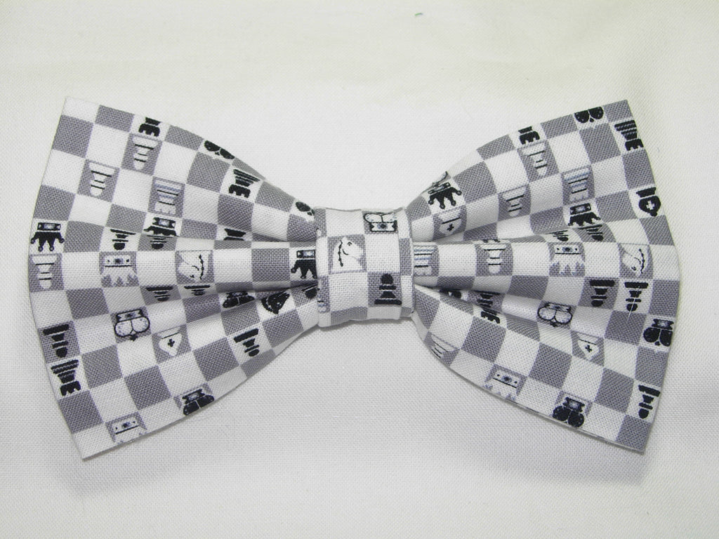 Chess Game Bow Tie / Gray & White Chess Pieces / Championship Chess Player / Pre-tied Bow tie
