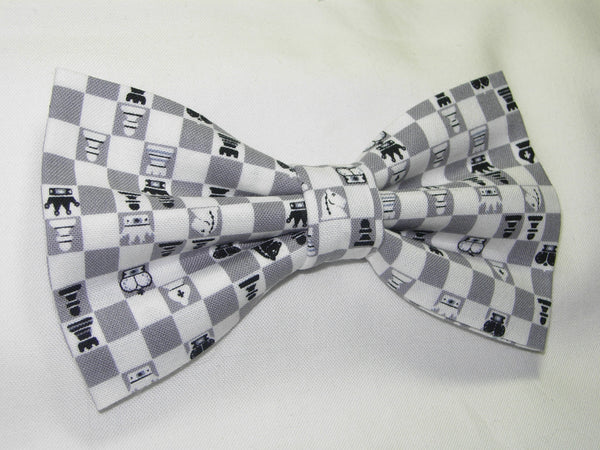 Chess Game Bow Tie / Gray & White Chess Pieces / Championship Chess Player / Pre-tied Bow tie