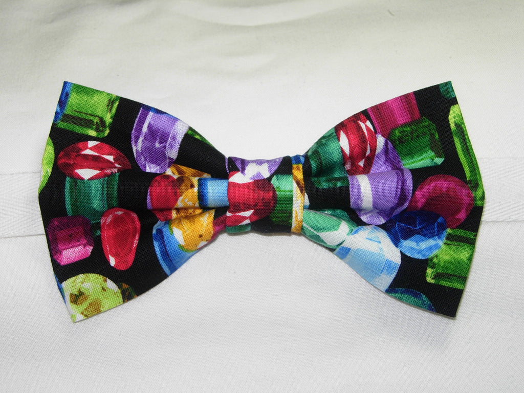 DAZZLING JEWELS PRE-TIED BOW TIE - COLORFUL GEM STONES ON BLACK