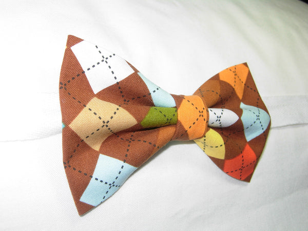 Trendy Argyle Bow tie / Brown, Orange, Yellow, Light Blue & Green / Pre-tied Bow tie - Bow Tie Expressions