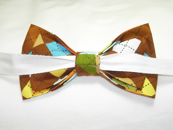 Trendy Argyle Bow tie / Brown, Orange, Yellow, Light Blue & Green / Pre-tied Bow tie - Bow Tie Expressions