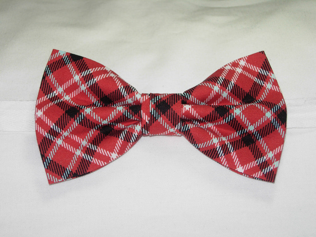 Red Plaid Bow tie / Black & White Diagonal Plaid on Apple Red / Pre-tied Bow tie - Bow Tie Expressions