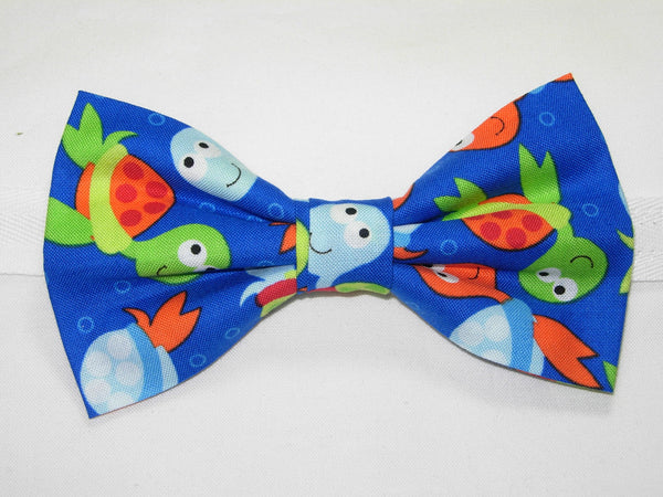 Baby Sea Turtles Bow tie / Orange, Green & Blue Turtles on Royal Blue / Pre-tied Bow tie