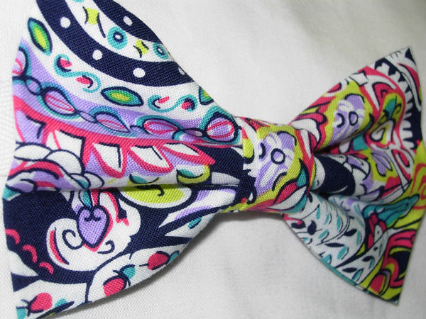 FEATHERS & FLOWERS BOW TIE - TEAL GREEN, PINK, LAVENDER, RED, YELLOW ON BLACK - Bow Tie Expressions