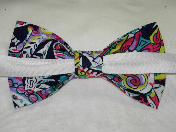 FEATHERS & FLOWERS BOW TIE - TEAL GREEN, PINK, LAVENDER, RED, YELLOW ON BLACK - Bow Tie Expressions