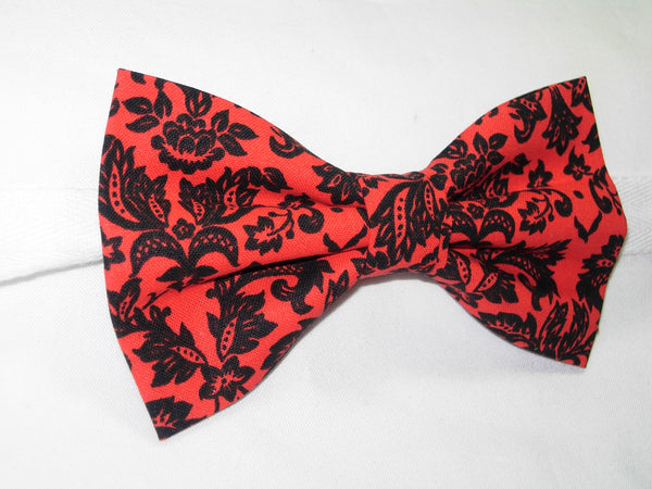 Red & Black Damask Bow Tie - Petite Black Damask Print on Red | Pre-tied Bow tie