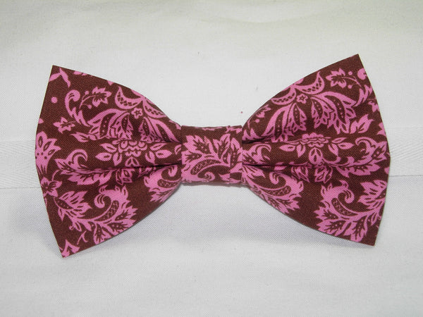 Pink & Brown Damask Bow Tie - Petite Pink Damask Print on Chocolate Brown | Pre-tied Bow tie