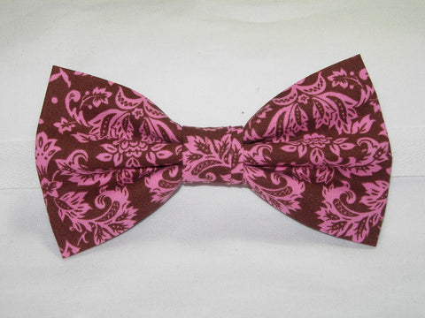 Pink & Brown Damask Bow Tie - Petite Pink Damask Print on Chocolate Brown | Pre-tied Bow tie - Bow Tie Expressions