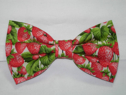 Strawberry Bow tie / Red Strawberries & Green Leaves on White / Pre-tied Bow tie