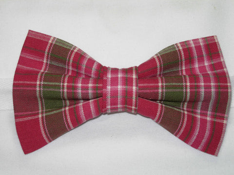 Red Plaid Bow tie / Raspberry Red & Sage Green / Pre-tied Bow Tie