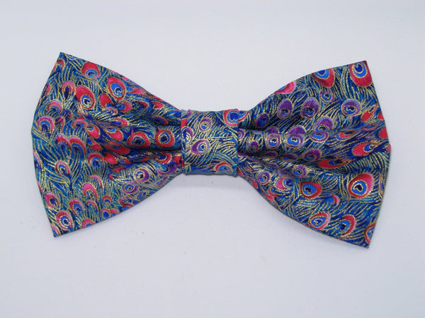 Blue Peacock Bow Tie / Blue Feathers with Metallic Gold Trim / Pre-tied Bow tie