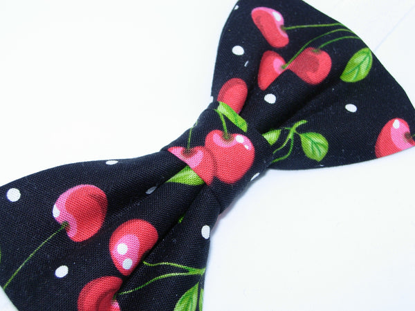 Cherry Bow tie / Red Cherries & White Polka Dots on Black / Pre-tied Bow tie