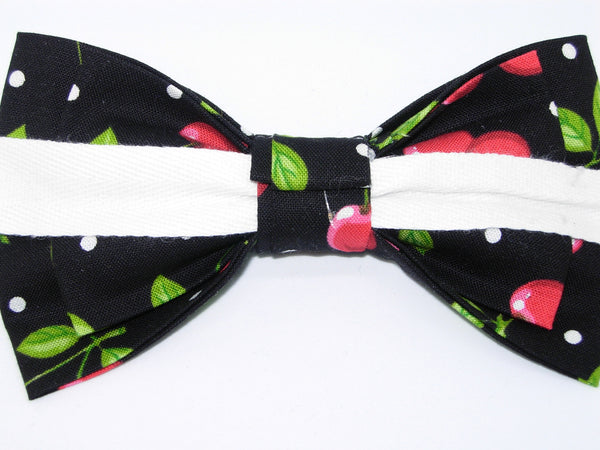 Cherry Bow tie / Red Cherries & White Polka Dots on Black / Pre-tied Bow tie