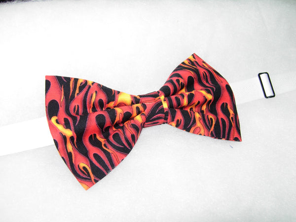 RED HOT! PRE-TIED BOW TIE - RED, ORANGE & YELLOW FLAMES ON BLACK - Bow Tie Expressions