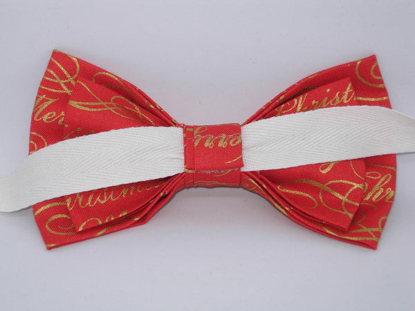 Christmas Bow tie / Merry Christmas on Red / Metallic Gold / Pre-tied Bow tie