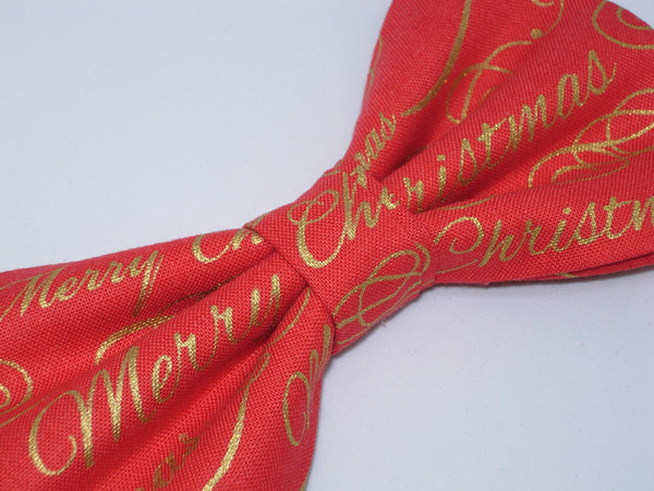 Christmas Bow tie / Merry Christmas on Red / Metallic Gold / Pre-tied Bow tie