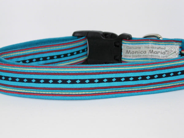 Navajo Dog Collar / Running Water / Red & Black Lines on Turquoise Blue / Matching Dog Bow tie