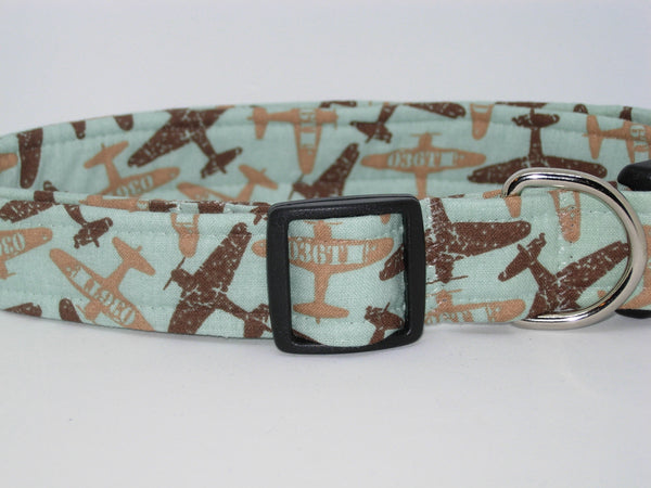 Military Pilot Dog Collar / Brown & Tan WWII Fighter Airplanes on Mint Green / Matching Dog Bow tie