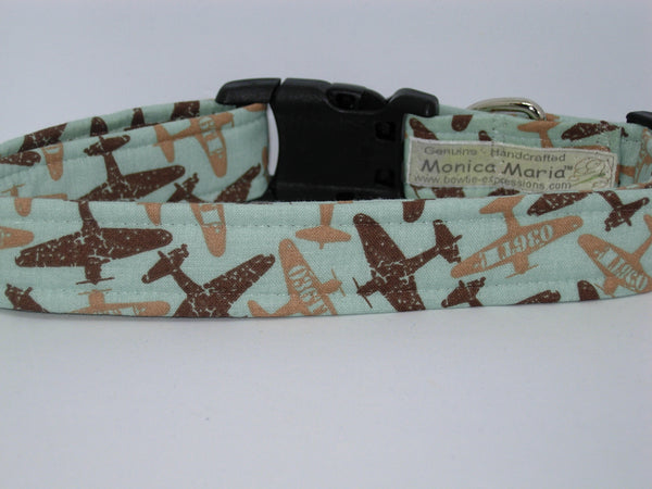 Military Pilot Dog Collar / Brown & Tan WWII Fighter Airplanes on Mint Green / Matching Dog Bow tie
