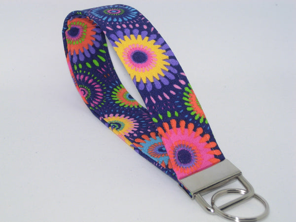 Retro Key Fob / Flower Power / Pink, Purple, Yellow Daisies / Hippie Lanyard, Key Chain, Cell Phone Wristlet - Bow Tie Expressions