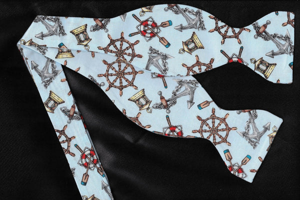 Nautical Bow tie / Anchors, Ship Wheels, Lanterns on Light Blue / Self-tie & Pre-tied Bow tie