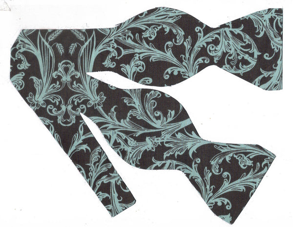 Aqua Blue & Brown Damask Bow Tie - Aqua Blue Damask Print on Chocolate Brown | Self-tie & Pre-tied - Bow Tie Expressions