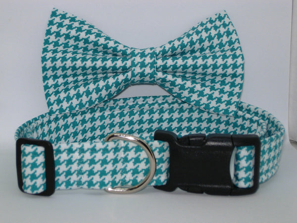 Houndstooth Dog Collar / Aqua Blue & White Houndstooth / Matching Dog Bow tie