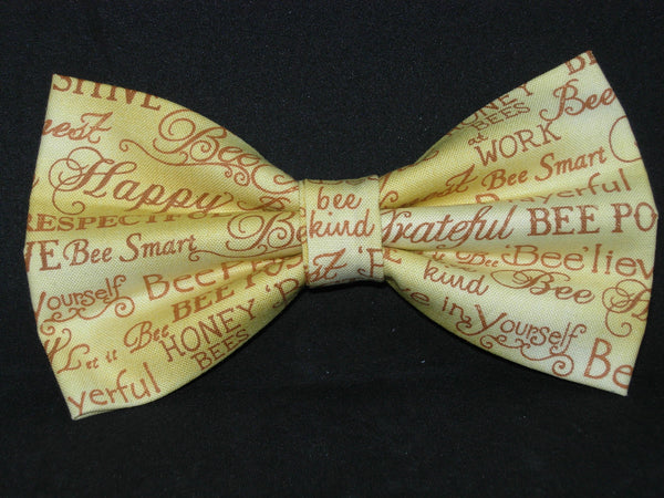 Bee Kind Bow tie / Positive Bee Words on Gold / Bee Happy / Pre-tied Bow tie