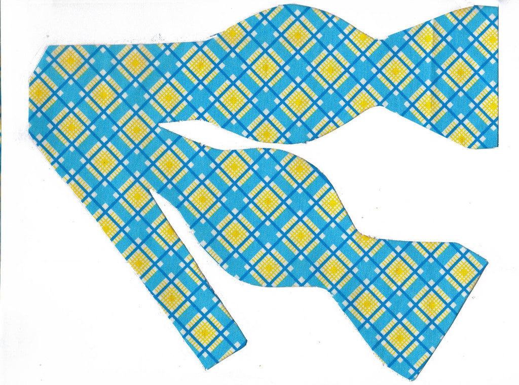SUMMER BREEZE BOW TIE - TEAL, TURQUOISE & YELLOW DIAGONAL PLAID - Bow Tie Expressions