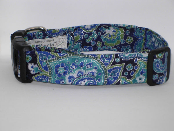 Blue Paisley Dog Collar / Blue & Green Paisley with Metallic Silver / Matching Dog Bow tie
