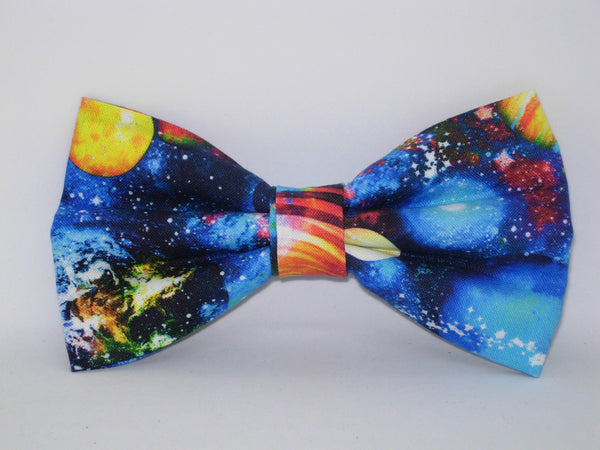 Outer Space Bow tie / Blue Planets & Stars / Deep Blue Galaxy / Pre-tied Bow tie