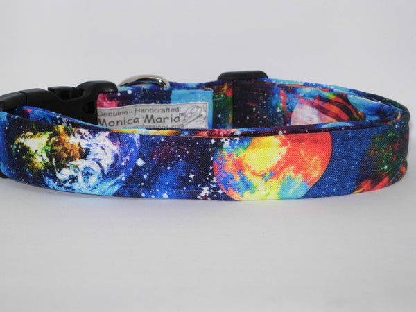 Outer Space Dog Collar / Blue Planets & Stars in Deep Space Galaxy / Matching Dog Bow tie