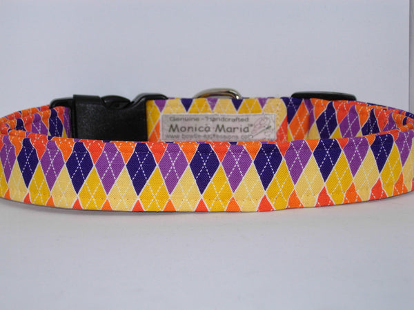 Bright Argyle Dog Collar / Orange, Purple, Yellow, Navy Blue Argyle / Fall Colors / Matching Dog Bow tie
