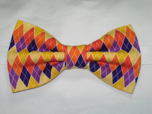 Bright Argyle Dog Collar / Orange, Purple, Yellow, Navy Blue Argyle / Fall Colors / Matching Dog Bow tie