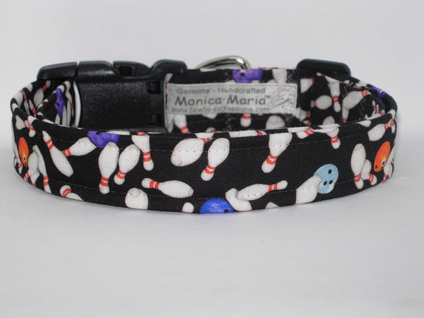 Bowling Dog Collar / Mini Bowling Pins & Bowling Balls on Black / Matching Dog Bow tie