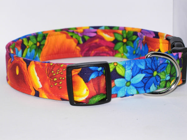 Bright Flowers Dog Collar / Blue, Red, Orange & Purple Floral Pet Collar / Matching Dog Bow tie
