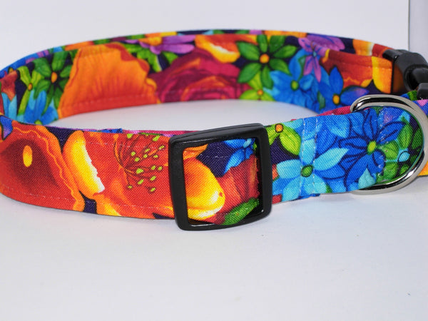 Bright Flowers Dog Collar / Blue, Red, Orange & Purple Floral Pet Collar / Matching Dog Bow tie